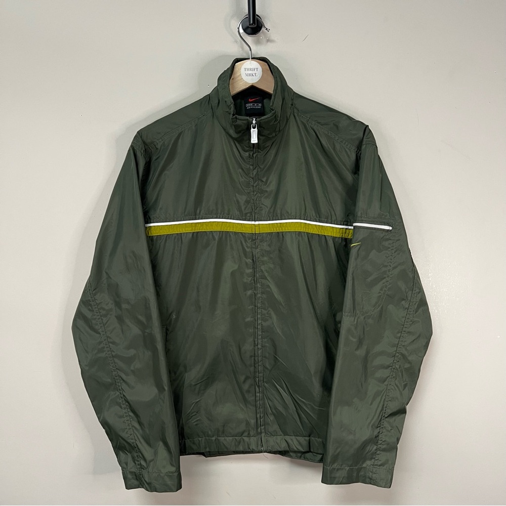 Nike Olive Green Lightweight Windbreaker Jacket with Yellow Stripe